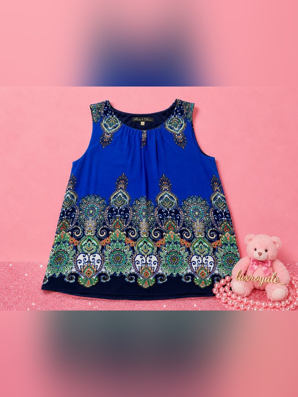 NWT Rose & Olive Sleeveless Paisley Tank Top Size Large | Blue Boho Boutique - Picture 4 of 4